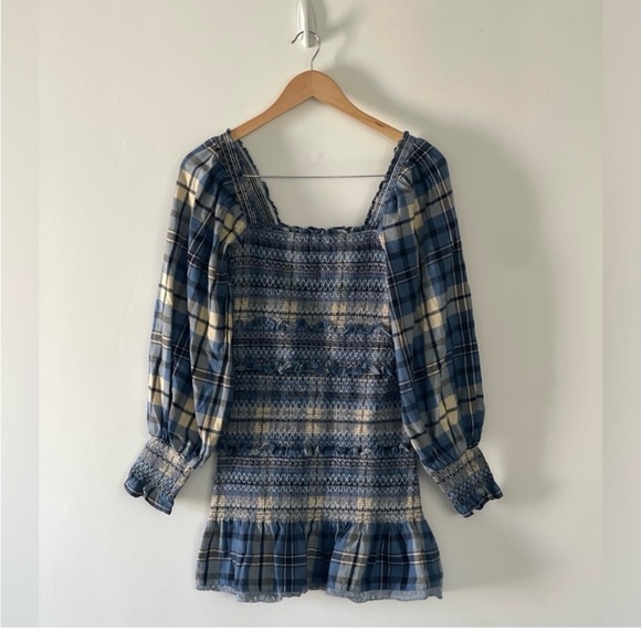 LoveShackFancy Dress Stanley Blue Square Neck Plaid Puff Sleeve Smocked Mini XS - Picture 4 of 4